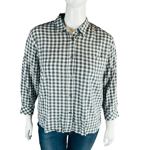 Van Winkle & Co Womans Sz Large Blouse Plaid 3/4 Sleeve Button Front Grey - Picture 1 of 8
